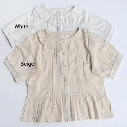 MIST - Spring Retro - Cotton Kawaii Lolita Shirt with Ruffled Neck and Lace Detail