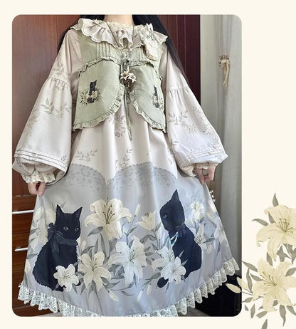 Akiyama Future Studio - Black Cat and Lily - Loose Kawaii Lolita OP Dress with Vest and Hat