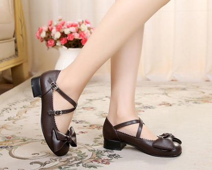 Sosic - Bow and Low Heel Cross Band Lolita Leather Shoes