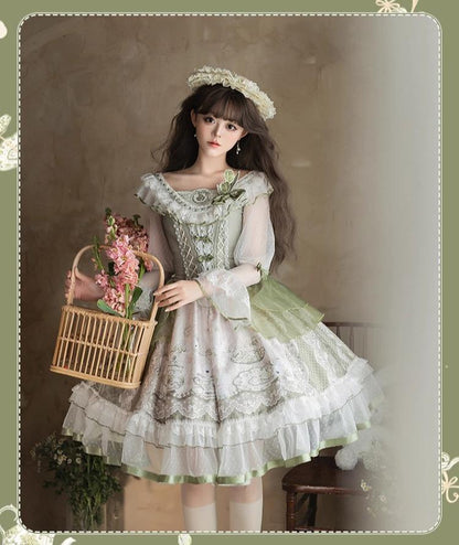 YingLuoFu - Teacup Bunny - Classic Lolita OP Dress, Fresh Green Floral Print