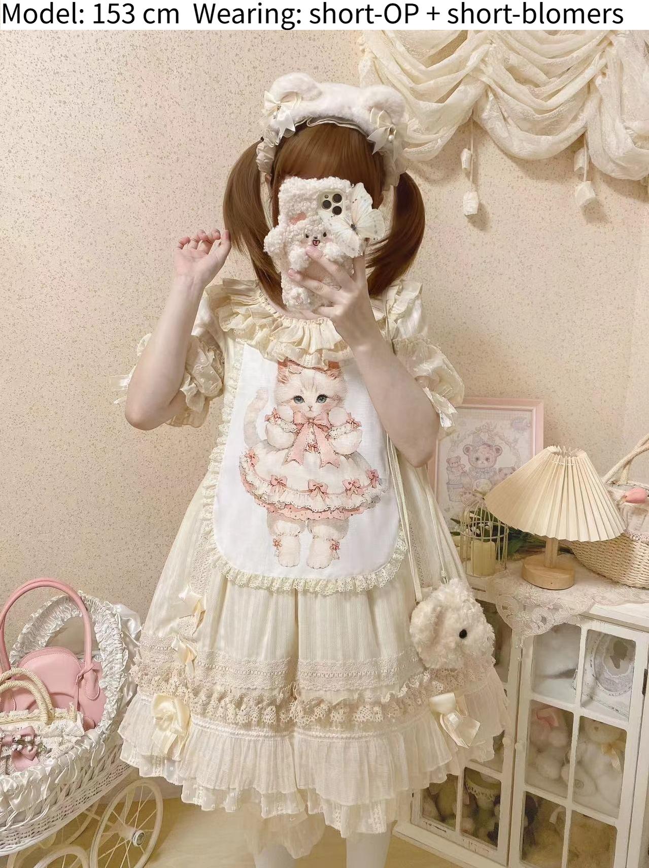 Ilovexiaolu - Meow Lullaby - Cotton Kawaii Lolita OP Dress with Removable Kitty Apron