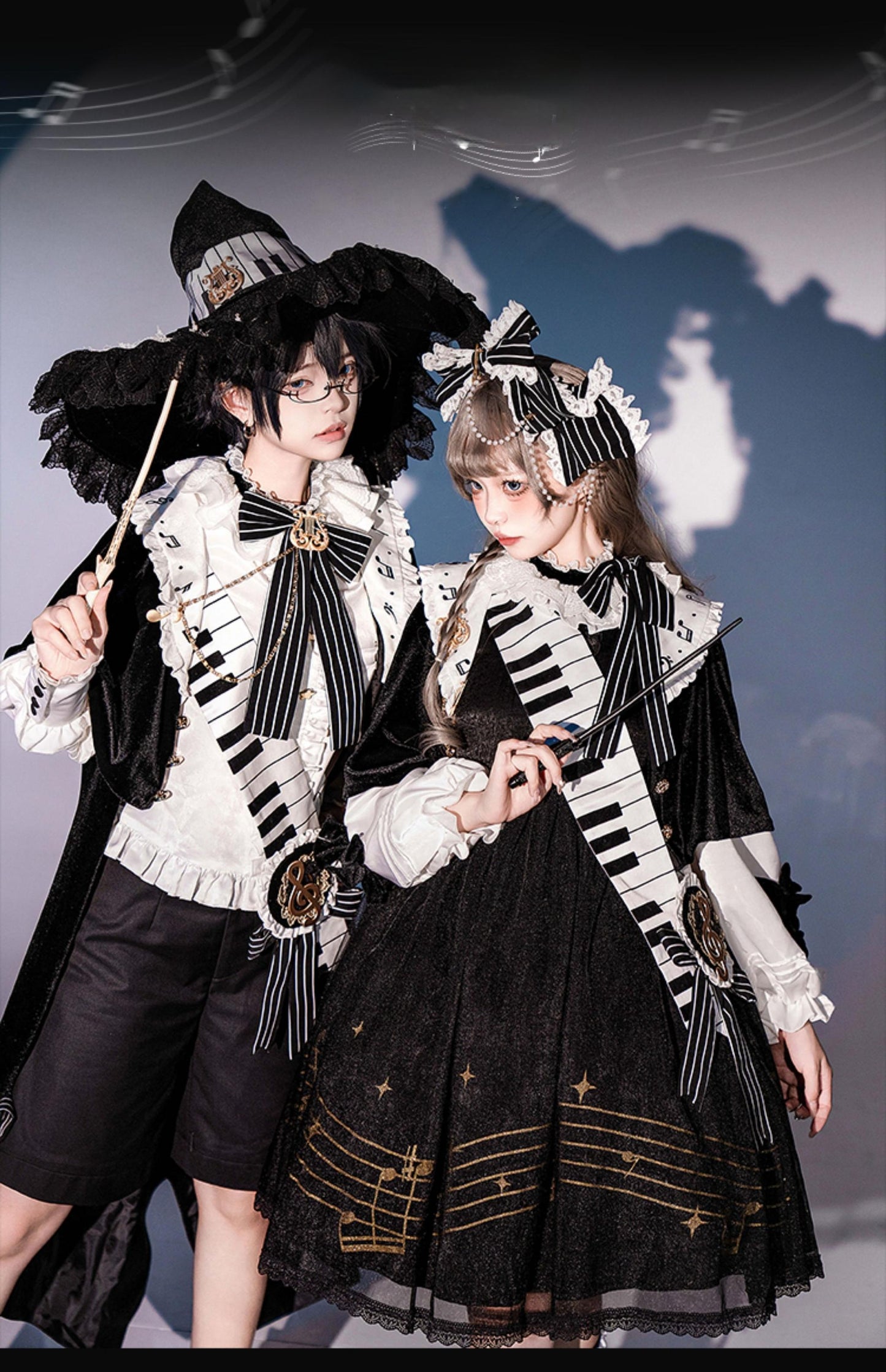 Forest Fluorescent Carps - Black and White Sonata - Ouji Lolita Vest Suit and Vintage Lolita OP Dress