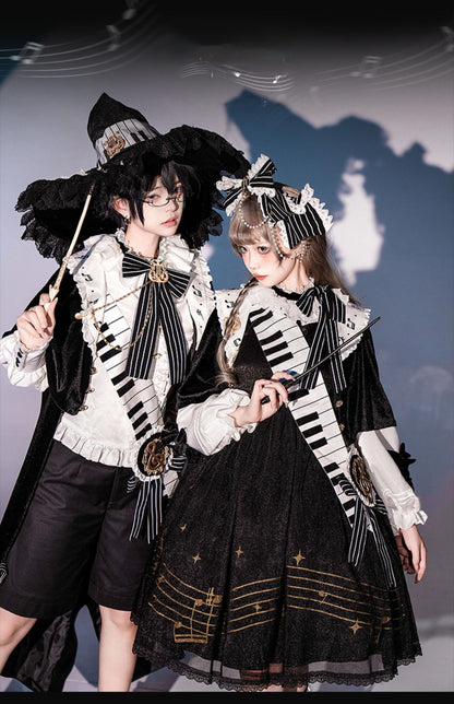 Forest Fluorescent Carps - Black and White Sonata - Ouji Lolita Vest Suit and Vintage Lolita OP Dress