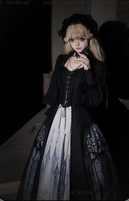 Susin Lolita - Night Traveler - Gothic Lolita Skirt Outfit Long Coat Shirt and Bustier Set