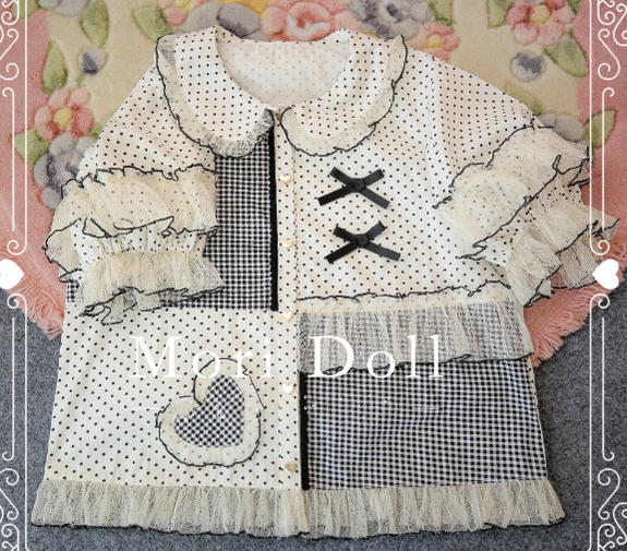 Mori Doll - Peach Tea - Sweet Lolita Dot and Stripe Print Short Sleeve Blouse