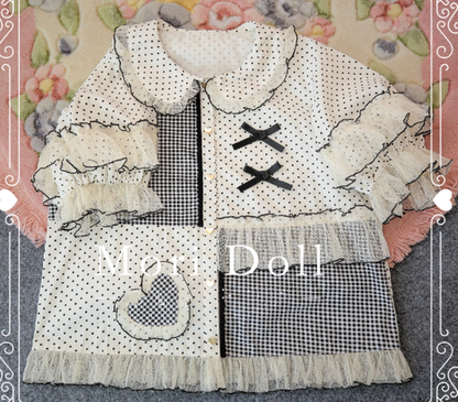 Mori Doll - Peach Tea - Sweet Lolita Dot and Stripe Print Short Sleeve Blouse