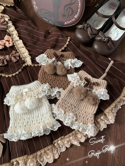 Roji Roji - Kawaii Lolita Wool Leg Warmers, Pom-Pom Accented Bow