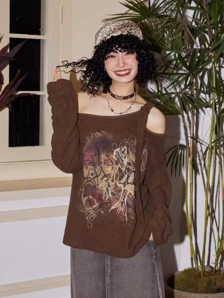 Retro Strapless Long Sleeve Printed Loose Sweatshirt【s0000007109】