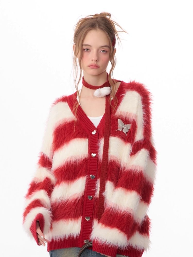 Sticky Chunky Red Striped Knit Sweater Cardigan【s0000006174】