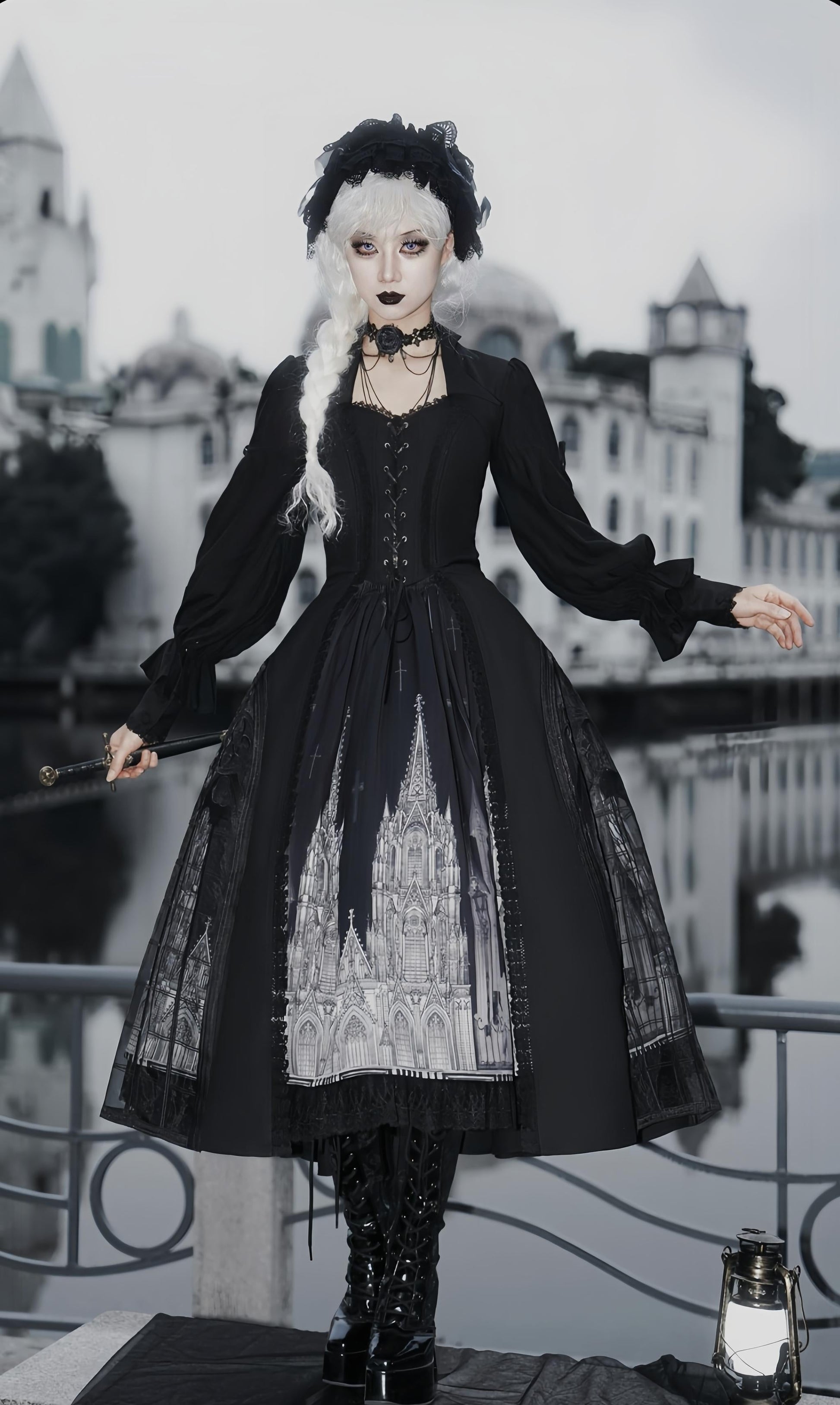 Susin Lolita - Night Traveler - Gothic Lolita Skirt Outfit Long Coat Shirt and Bustier Set