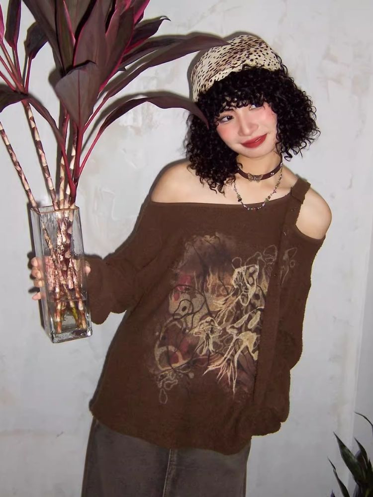 Retro Strapless Long Sleeve Printed Loose Sweatshirt【s0000007109】