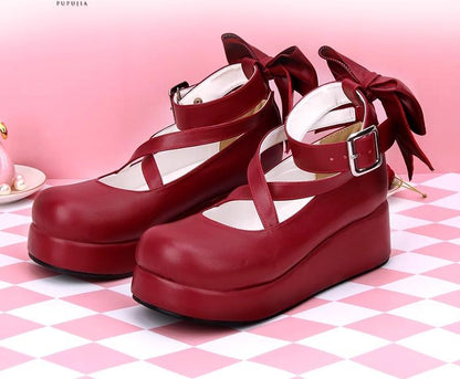 Angelic Imprint - Daily Lolita Leather Shoes Platform Medium Heel Big Bow Shoe