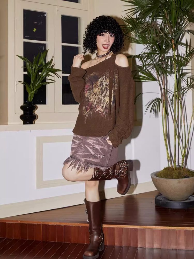 Retro Strapless Long Sleeve Printed Loose Sweatshirt【s0000007109】