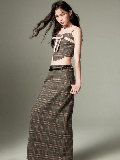 Plaid bow tube top and A-line skirt【s0000003279】