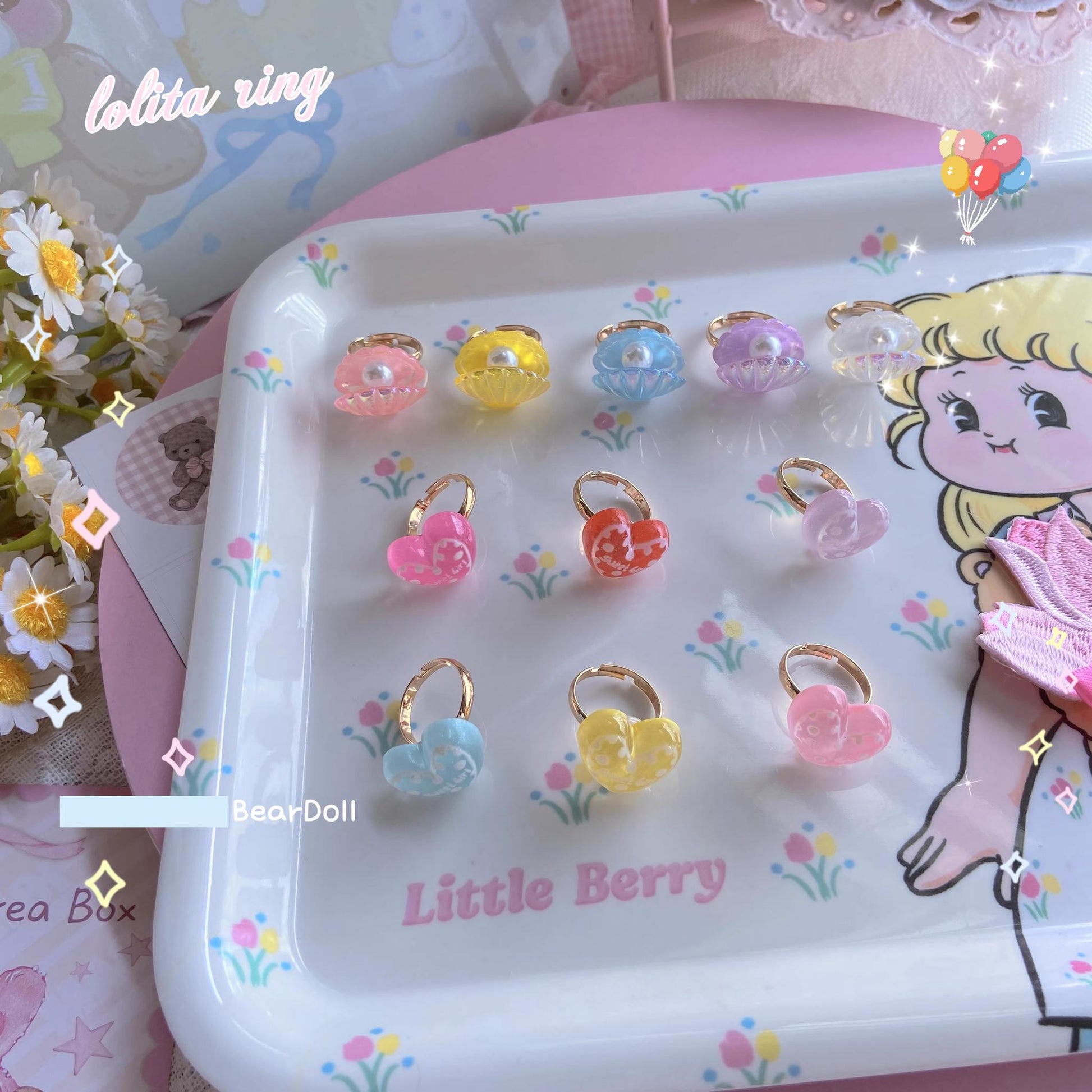 Bear Doll - Kawaii Lolita Ring Adjustable Shell Heart Shape Accessories