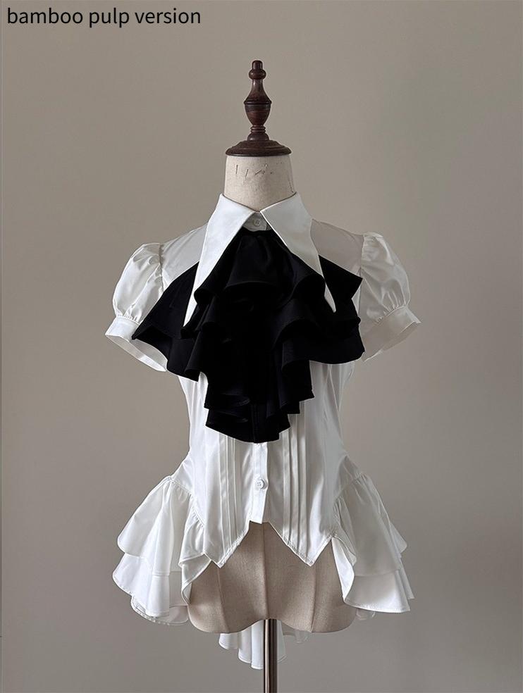 FlowerFairyDaily - Midnight Prayer - Solid Lolita Shirt with Flowing Tiered Back Hem