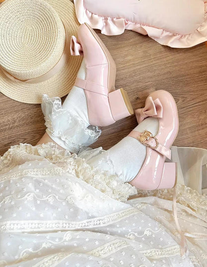 Sheep Puff - Hug Bear - Sweet Lolita Heel Shoes Bear Metal Buckle Bow Shoes