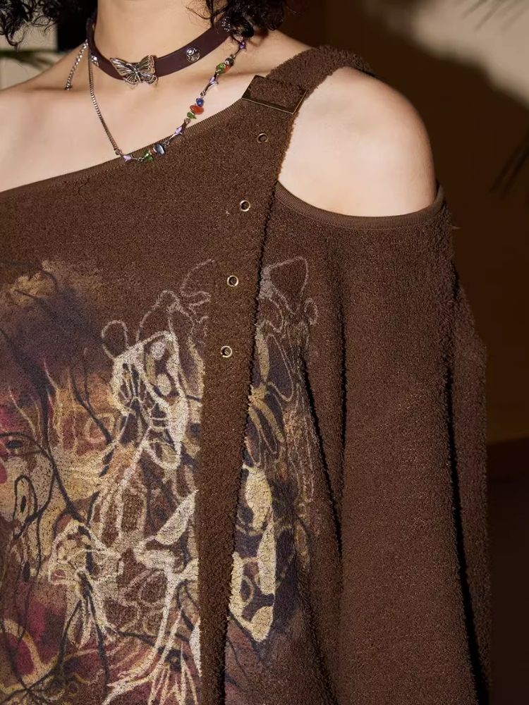 Retro Strapless Long Sleeve Printed Loose Sweatshirt【s0000007109】