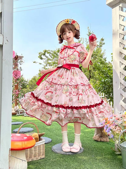 Qianmu - The Bear's Strawberry Field - Daily Lolita OP Dress With Petal Collar & Bear Strawberry Print