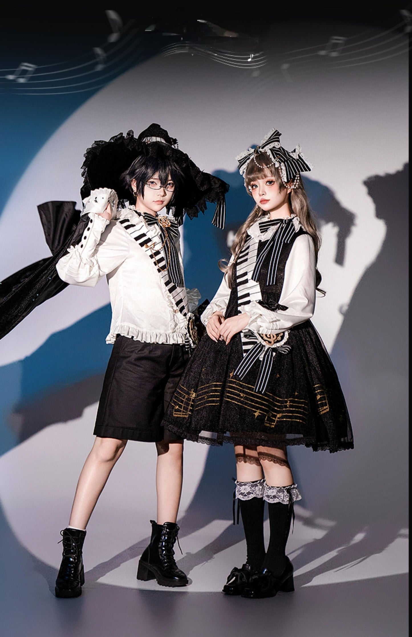 Forest Fluorescent Carps - Black and White Sonata - Ouji Lolita Vest Suit and Vintage Lolita OP Dress