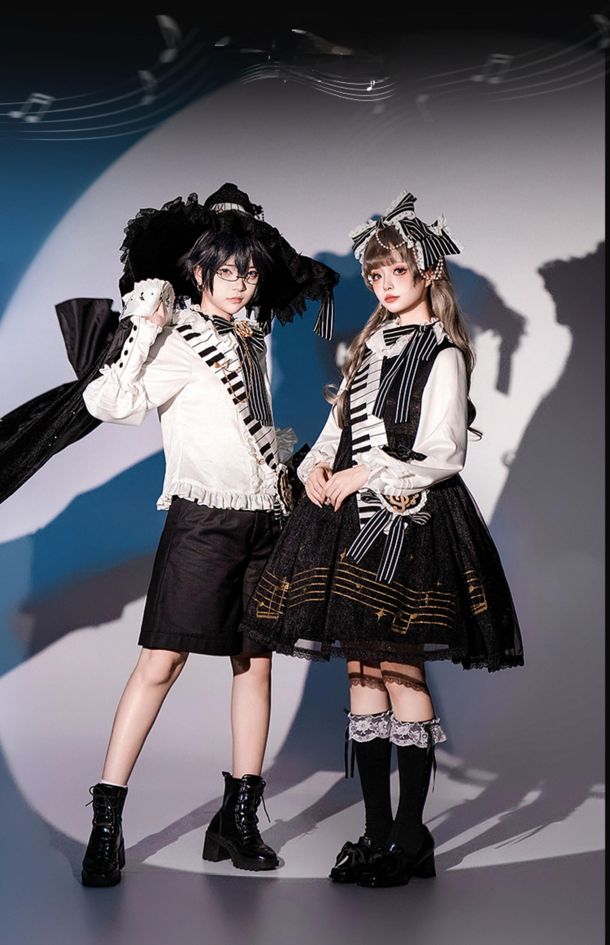 Forest Fluorescent Carps - Black and White Sonata - Ouji Lolita Vest Suit and Vintage Lolita OP Dress