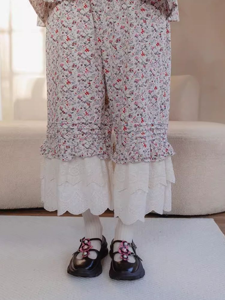 Peplum Printed Embroidered Spliced Lace Wide Leg Pants【s0000007943】