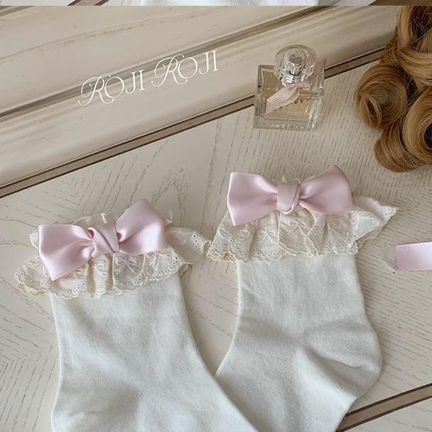 Roji Roji - Cotton Lolita Socks Lace Bow White Socks