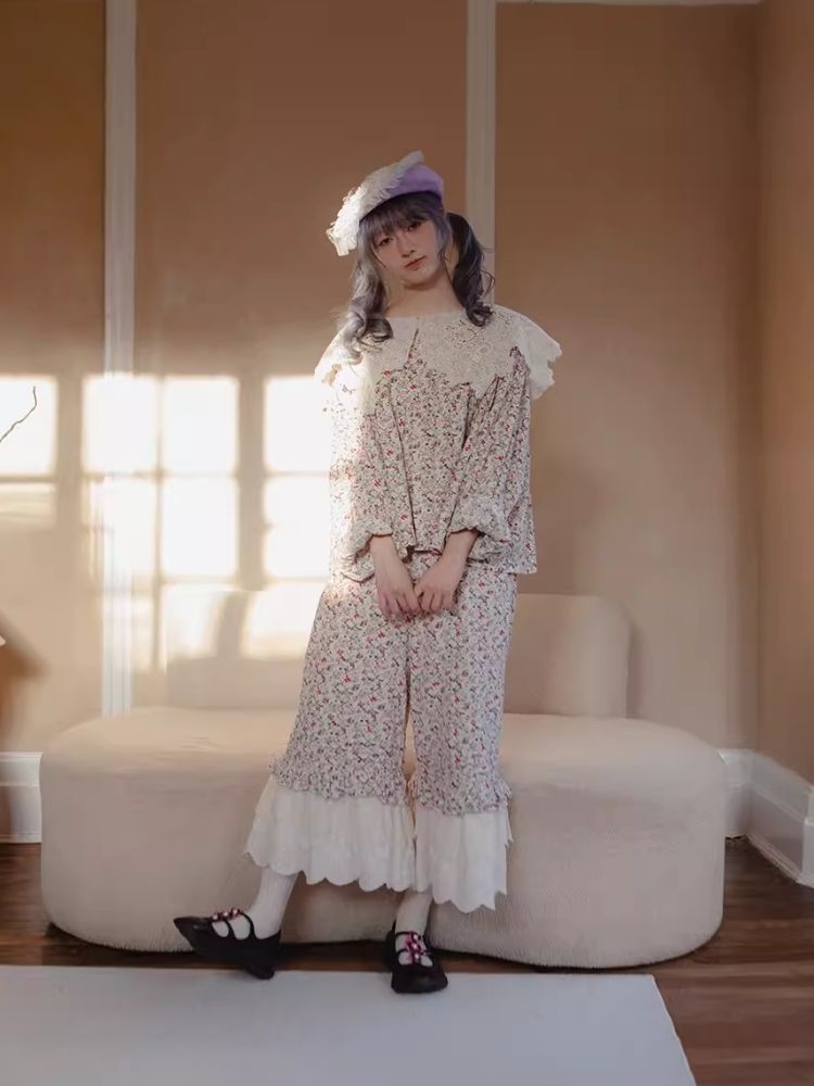 Peplum Printed Embroidered Spliced Lace Wide Leg Pants【s0000007943】