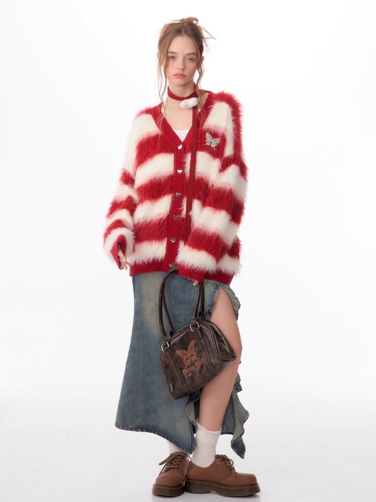 Sticky Chunky Red Striped Knit Sweater Cardigan【s0000006174】