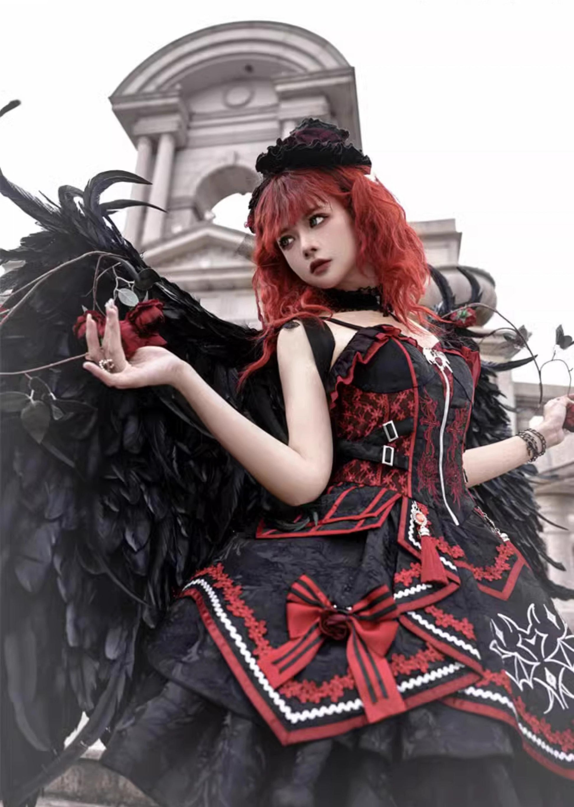 OCELOT - Dark Bat Motion - Gothic Lolita JSK Black Red Goth Jumper Dress