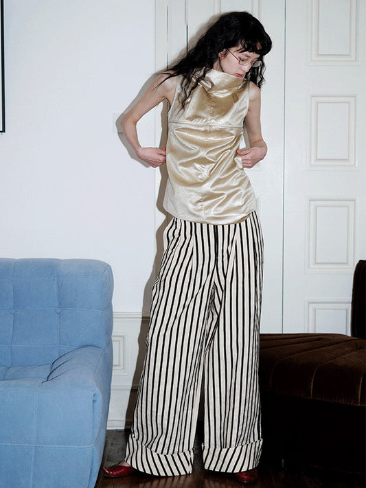 Stripe Casual Roll-Up Straight Wide-Pants