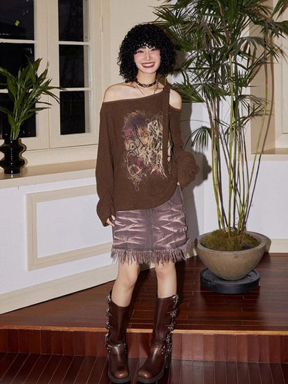 Retro Strapless Long Sleeve Printed Loose Sweatshirt【s0000007109】