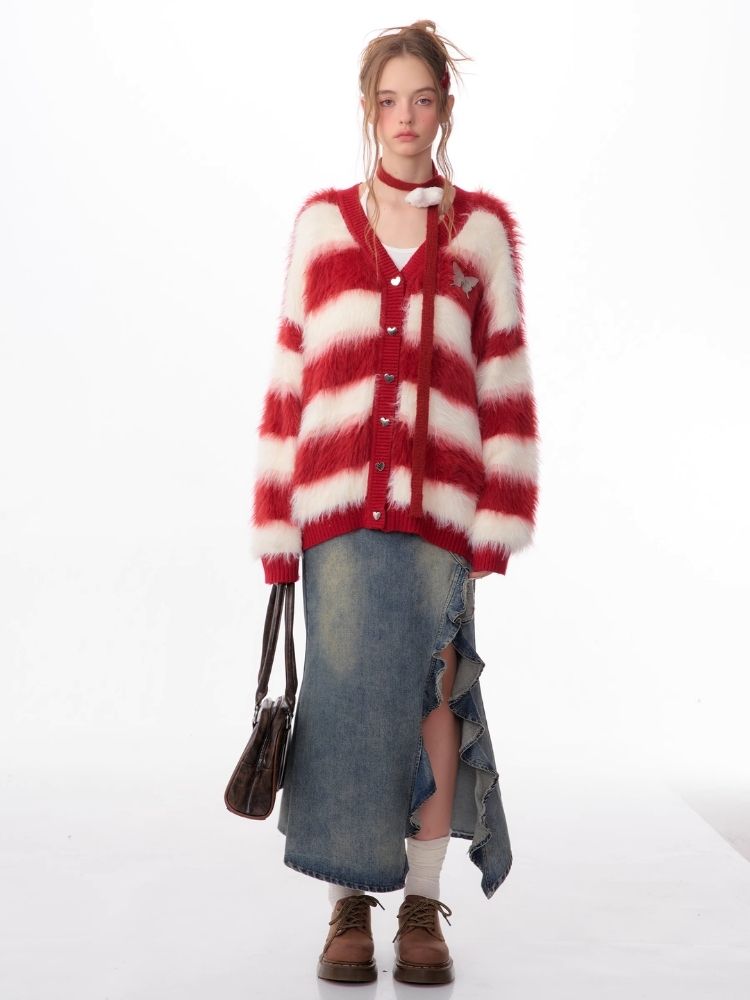 Sticky Chunky Red Striped Knit Sweater Cardigan【s0000006174】