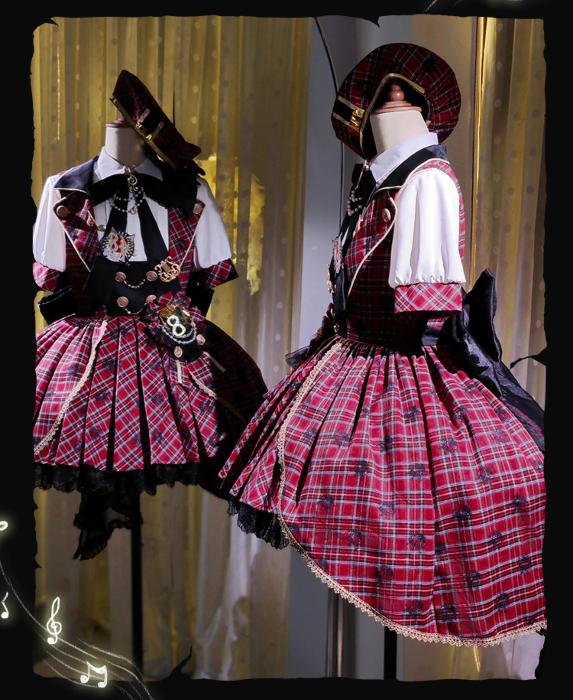 Forest Fluorescent Carps - IP Collab Sweet Lolita Performance Outfit Red Plaid JSK Full Set