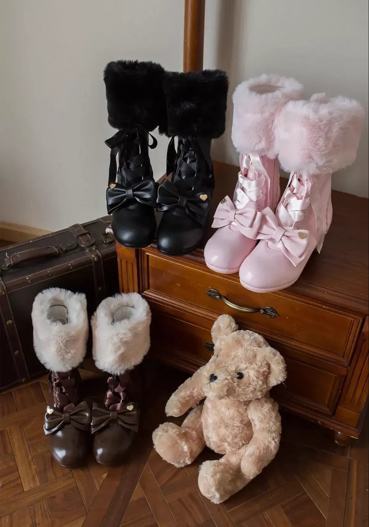 Sheep Puff - Snowy Mochi - Kawaii Lolita Winter Boots, Detachable Fur Trim