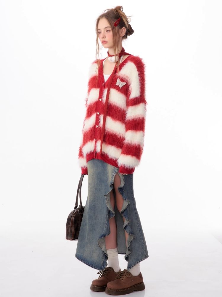 Sticky Chunky Red Striped Knit Sweater Cardigan【s0000006174】