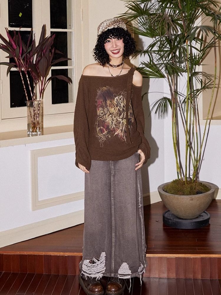 Retro Strapless Long Sleeve Printed Loose Sweatshirt【s0000007109】