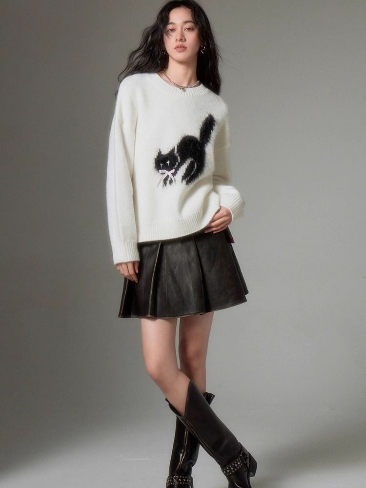 Monday fried cat soft round neck pullover sweater【s0000004867】