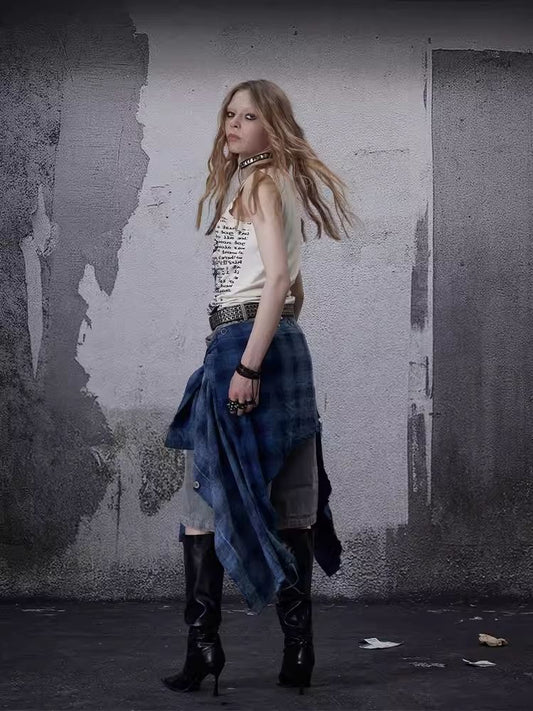 Asymmetric denim washed denim shorts【s0000006683】