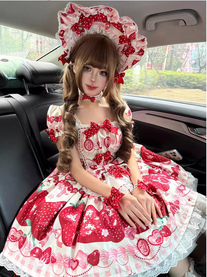 Mengfuzi - Strawberry - Sweet Lolita OP and JSK with Strawberry Print