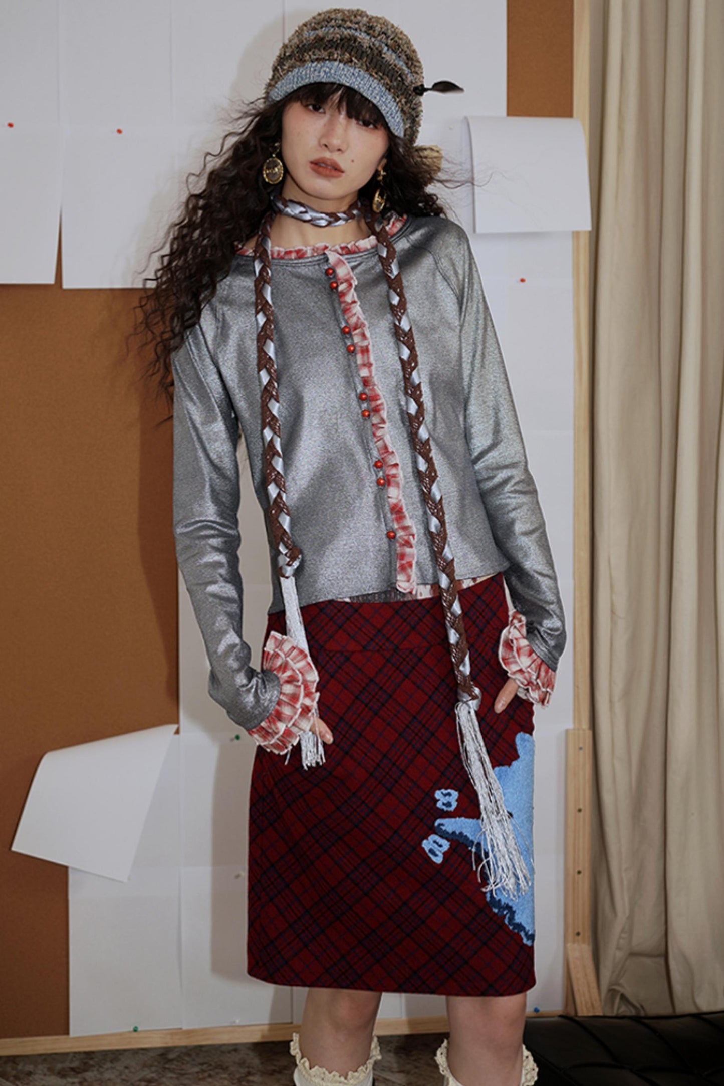 Vintage Plaid Embroidered Wool Halter Skirt