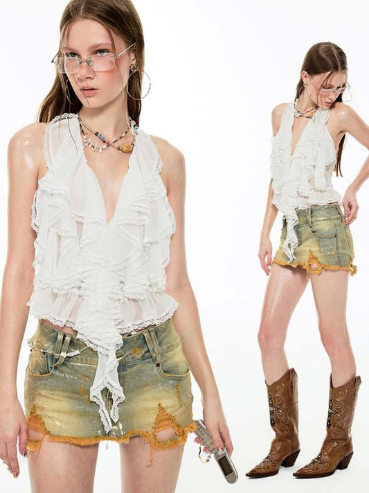 Halter Neck Ruffle Lace Backless Tops【s0000009159】