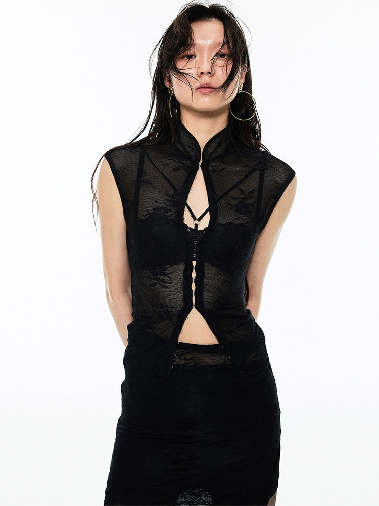 Mesh Lace Cheongsam Blouse & Skirt Set【s0000009176】