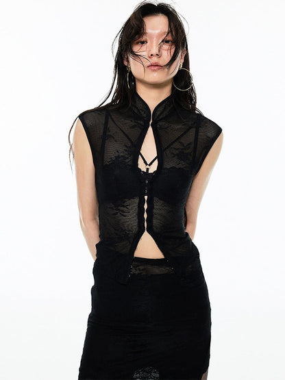 Mesh Lace Cheongsam Blouse & Skirt Set【s0000009176】