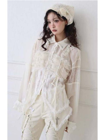 Lace-Up Crosses Embroidery Chiffon Lace Trim Shirt【s0000008151】