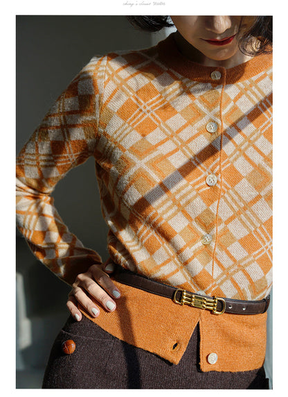 red orange retro plaid cardigan