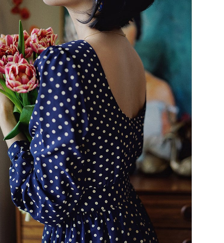 Lapis navy blue polka dot vintage dress