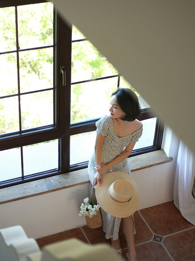 Indigo yellow flower french dress