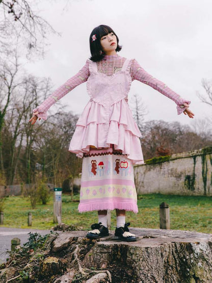 Cat Embroidery Drawstring Heart Layered Apron Dress【s0000007762】