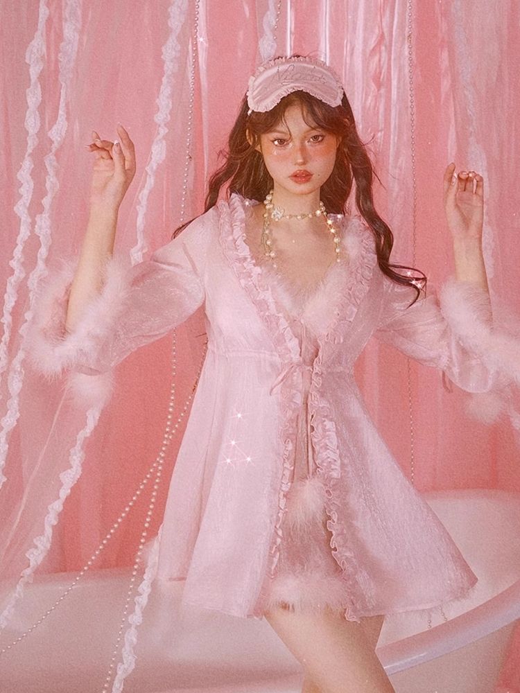 Sexy Pajamas Pink Halter Dress Robe Set【s0000006583】